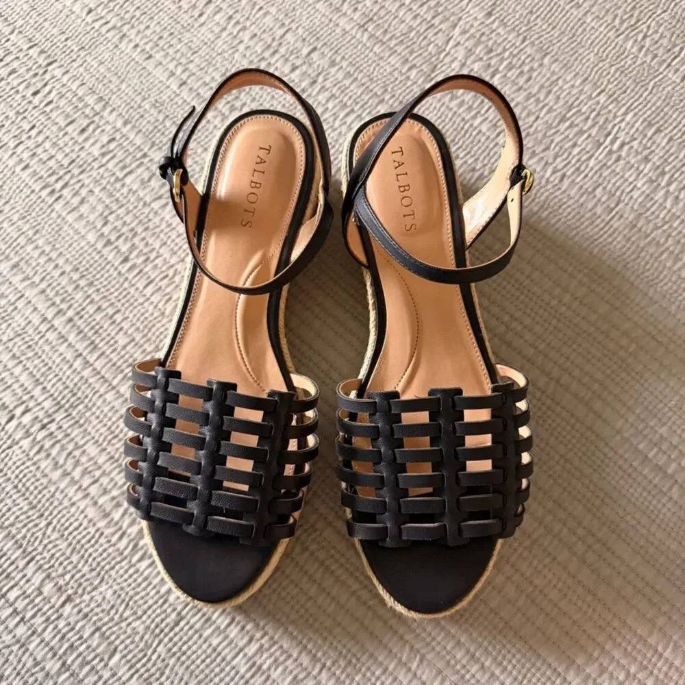 Navy Blue Talbots Leather Espadrille Wedge Round Open-Toe Sandals (NWT) - Picture 3 of 3